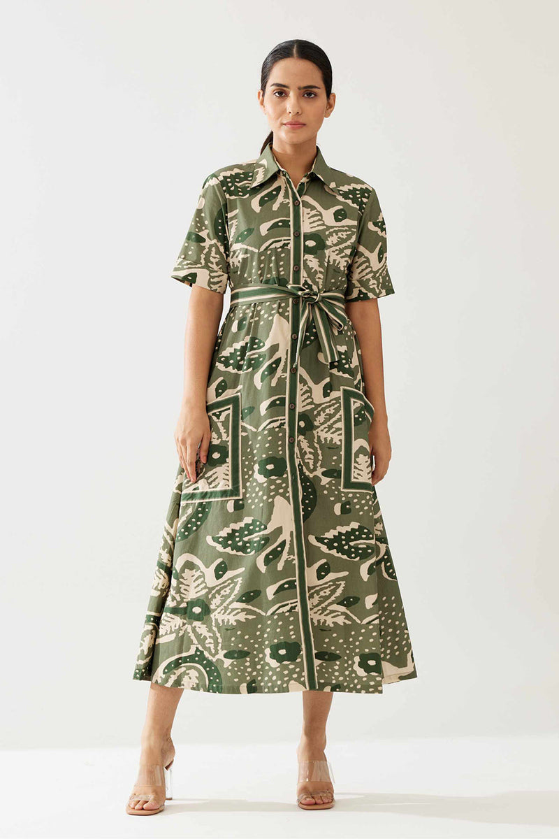 Green and Cream Floral Shirt Dress
