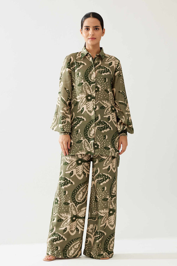 Green and Cream Floral Long Shirt