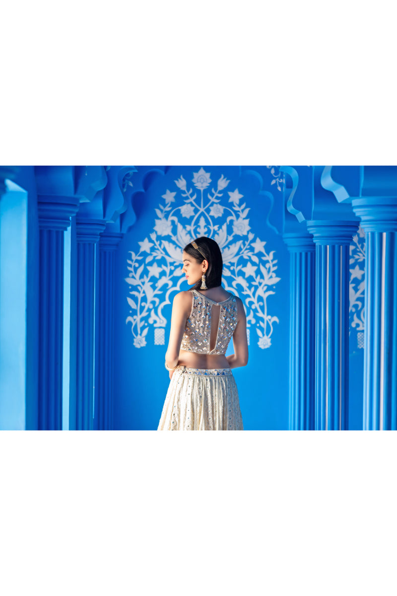 Ivory lucknowi lehenga with heart embroidered blouse