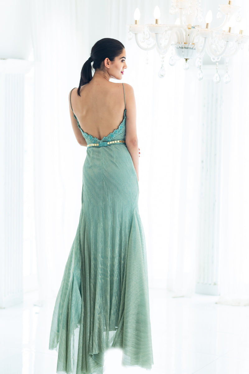 Aqua blue belted strappy gown