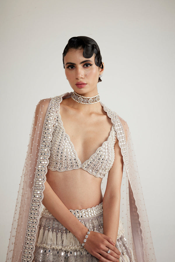 Ash Pink Chandelier Pearl Drop Lehenga Set