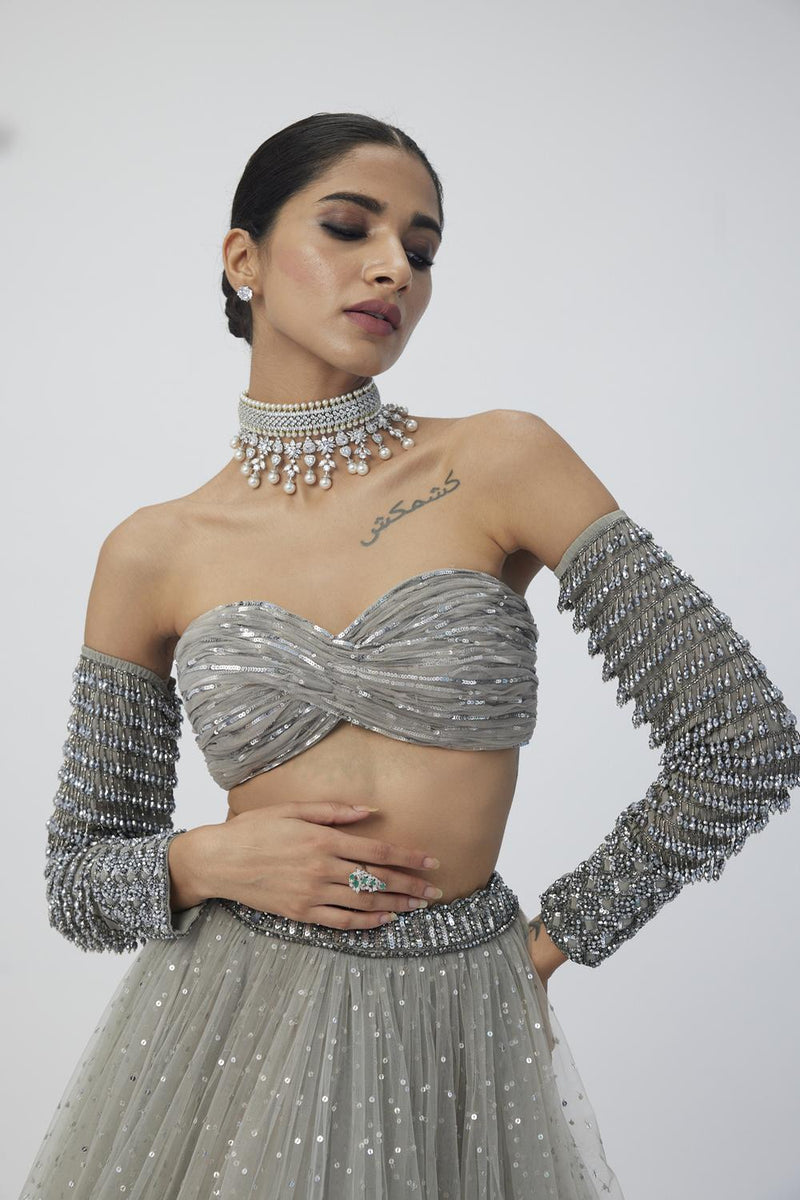 Crystal Grey Tulle Lehenga Set