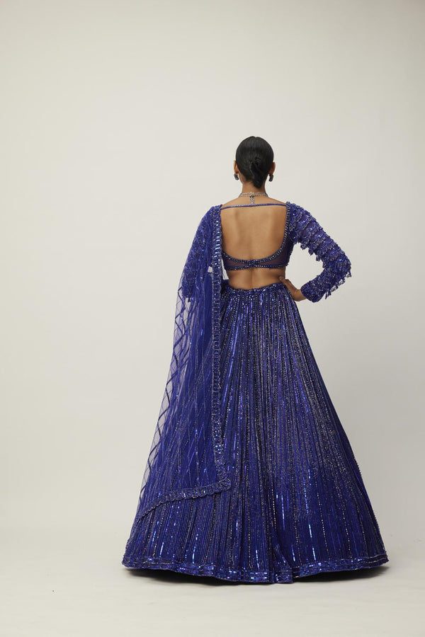 Cocktail Blue Crystal Linear Embroidered Lehenga Set