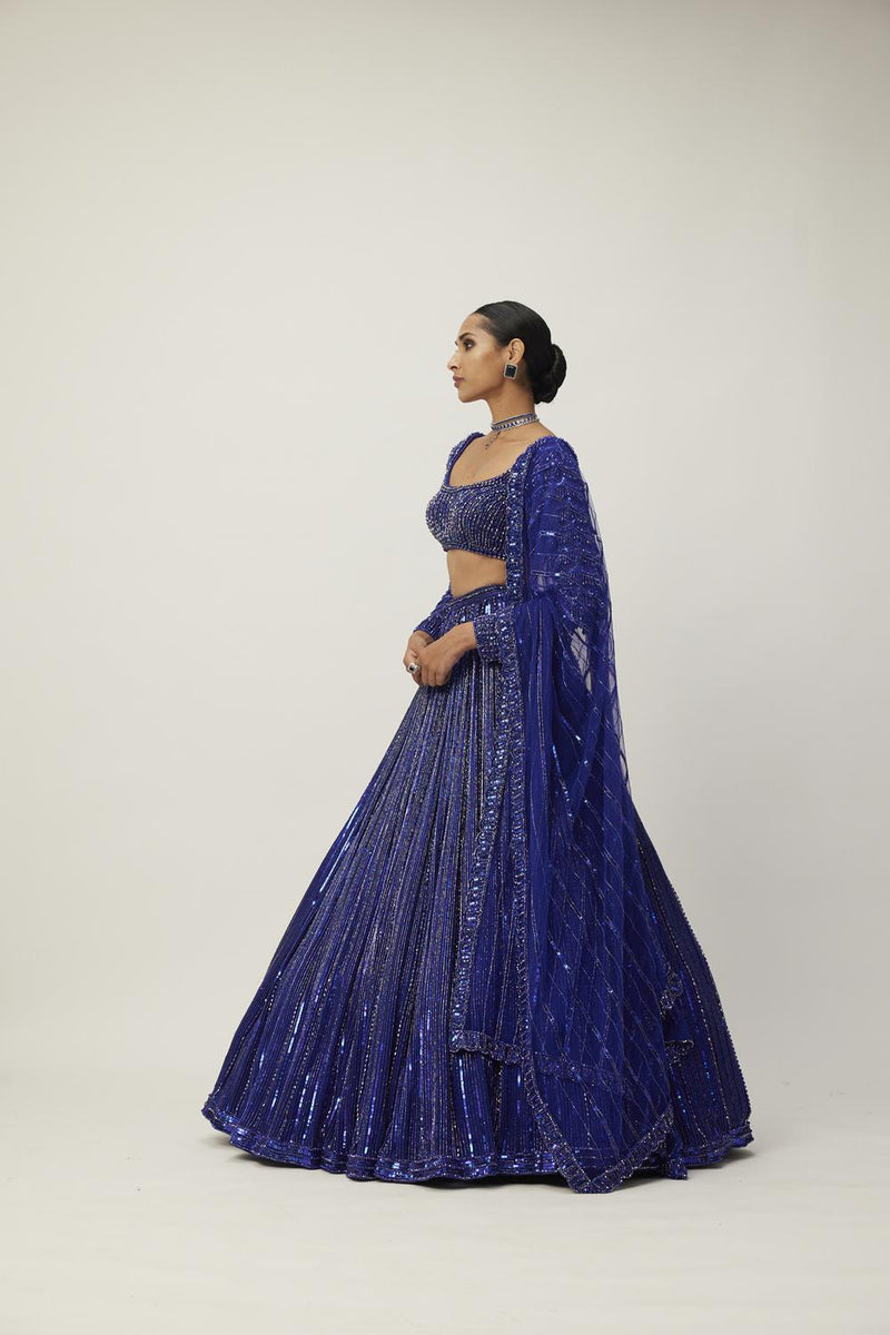 Cocktail Blue Crystal Linear Embroidered Lehenga Set
