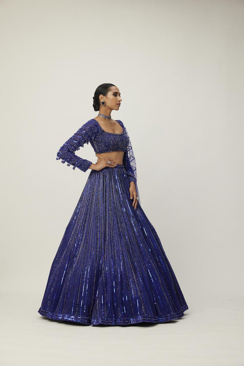 Cocktail Blue Crystal Linear Embroidered Lehenga Set
