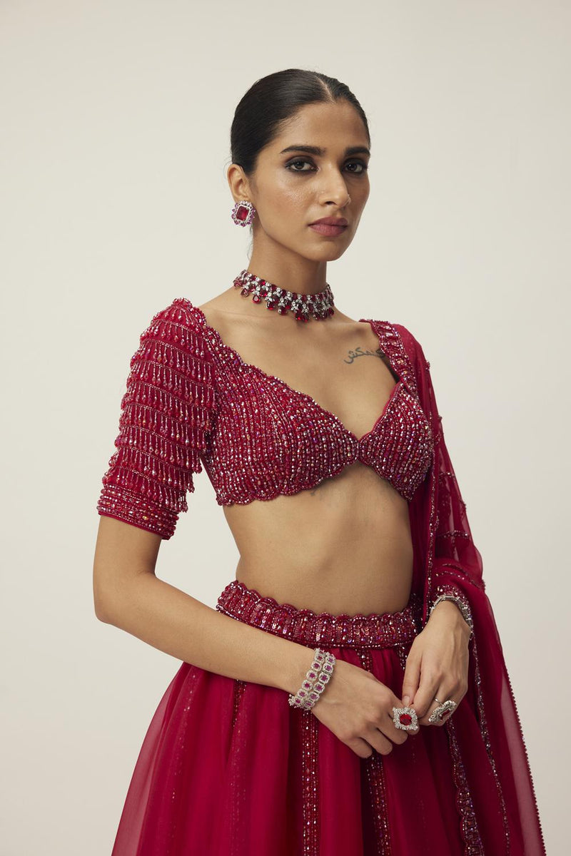 Ruby Red Organza Lehenga Set