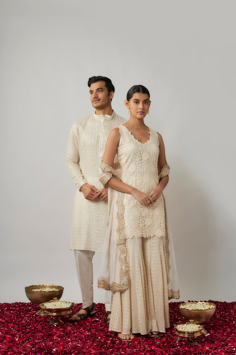 Ivory Sequin And Thread Georgette Kurta Sharara Set
