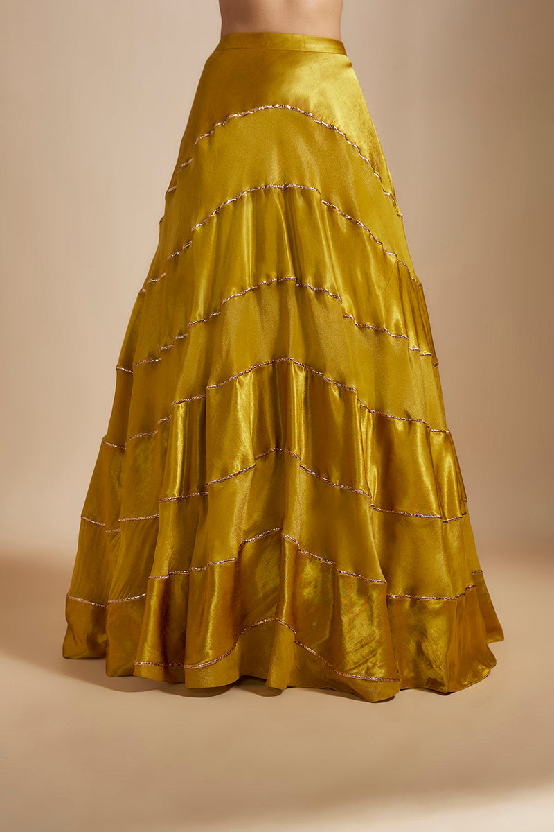 Mustard Block Skirt With Badla Embroidered blouse With Shibori Dupatta