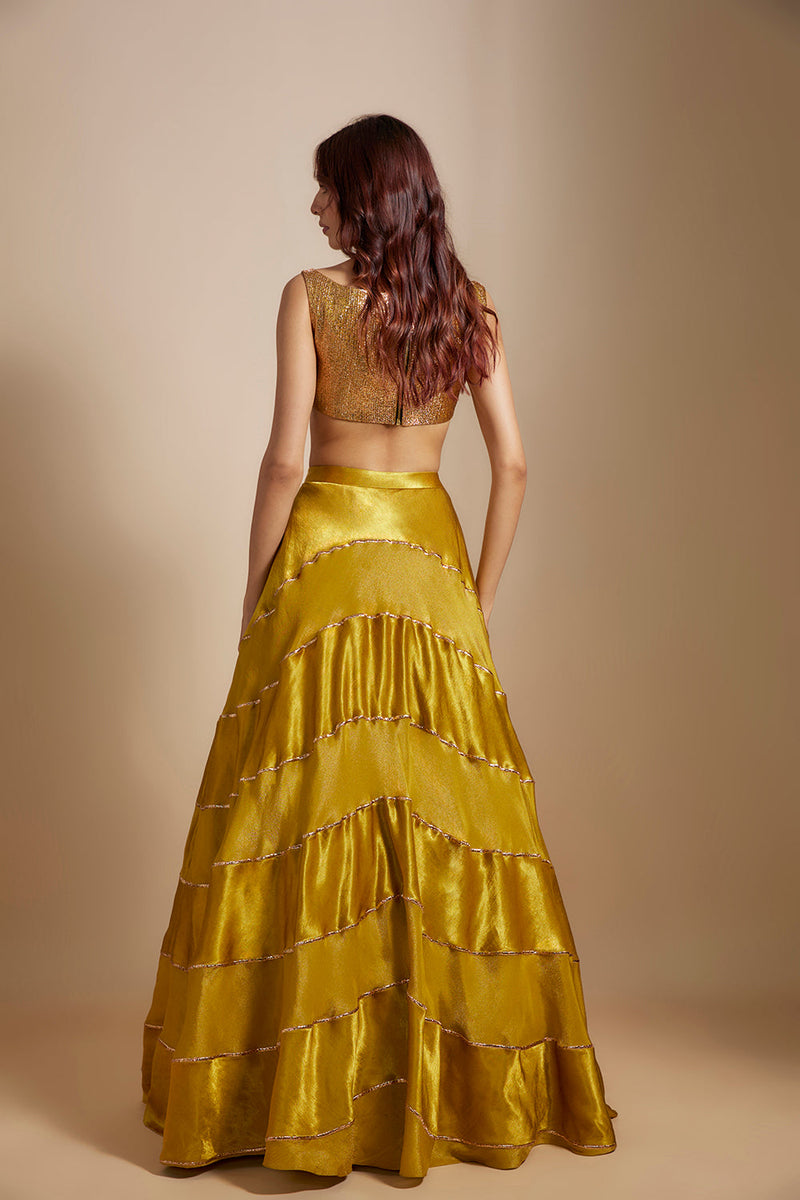 Mustard Block Skirt With Badla Embroidered blouse With Shibori Dupatta