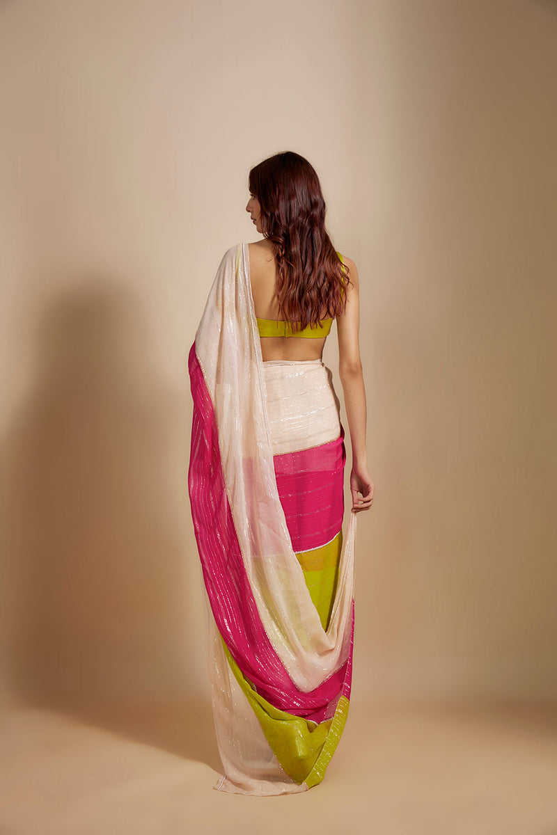 Multi-Colour  Block Saree With Neon Green Blouse