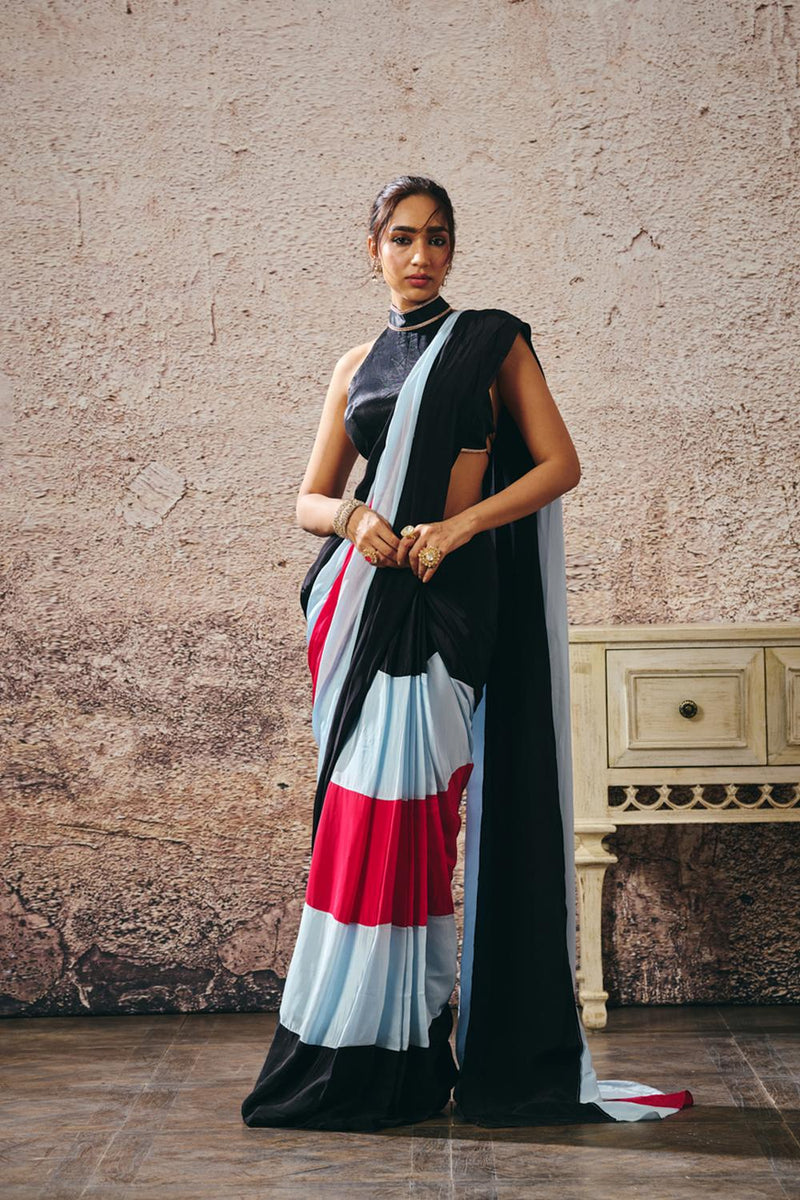 Black Blouse With Black Blue Hot Pink Colour Block Saree