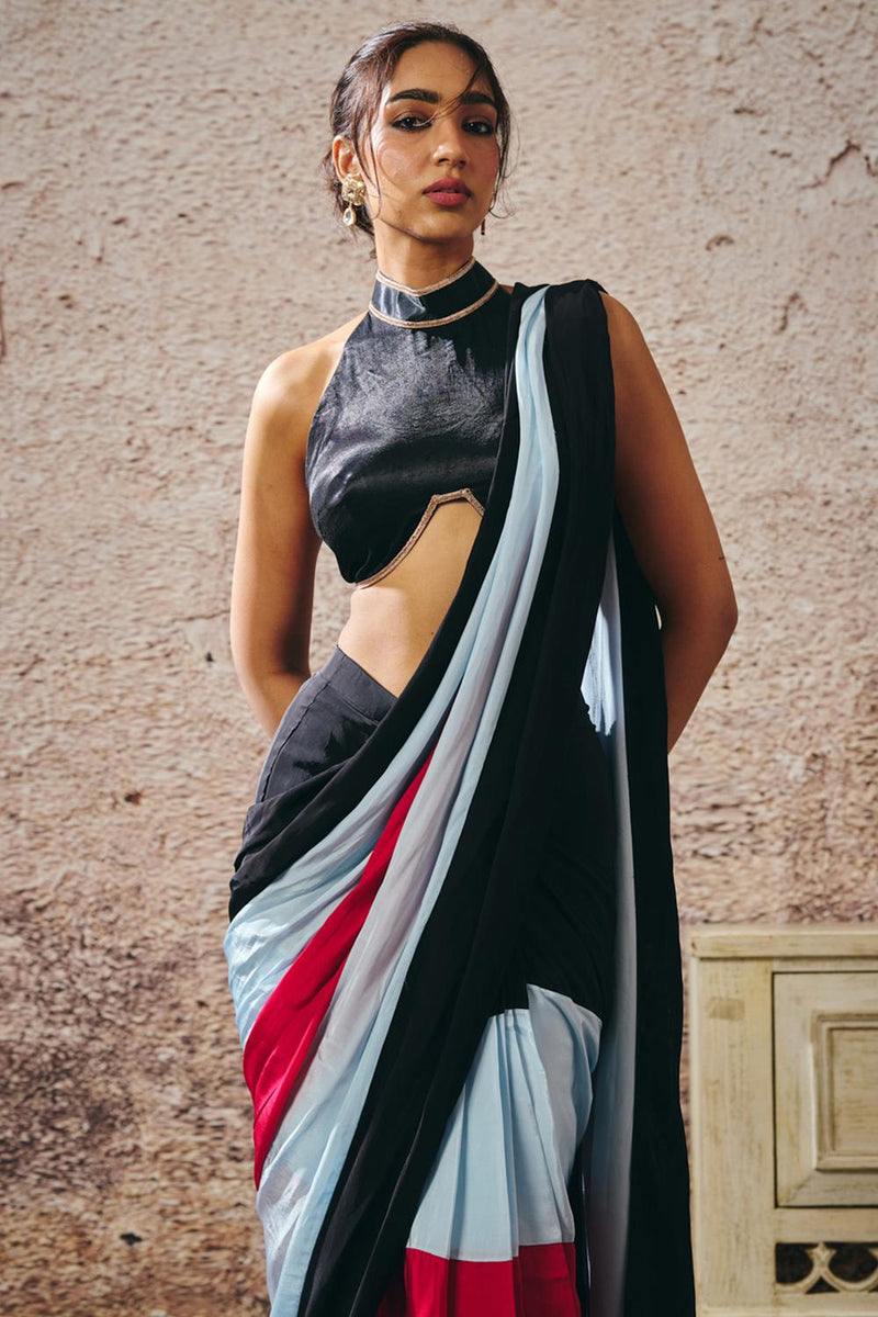 Black Blouse With Black Blue Hot Pink Colour Block Saree