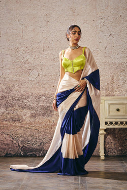 Neon Green Blouse Blue And Beige Block Saree