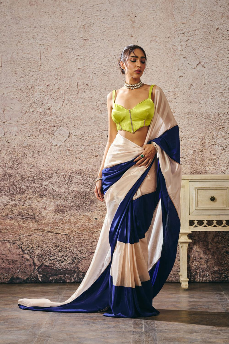 Neon Green Blouse Blue And Beige Block Saree