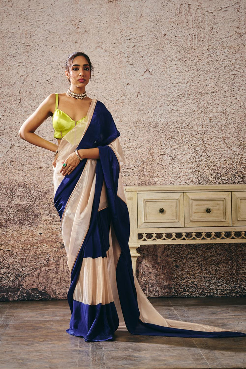 Neon Green Blouse Blue And Beige Block Saree