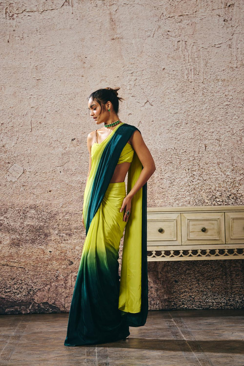 Neon Green Blouse Withndark Green And Neon Green Ombre Saree
