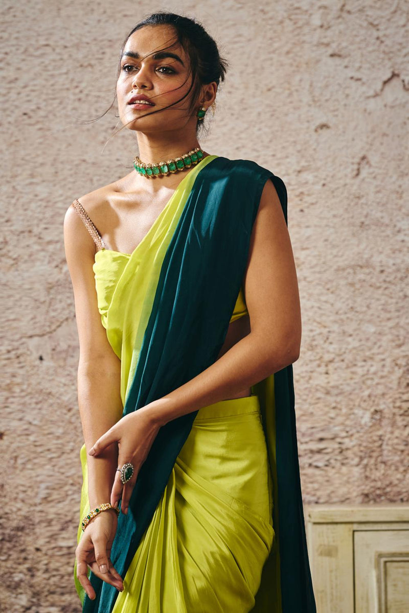 Neon Green Blouse Withndark Green And Neon Green Ombre Saree