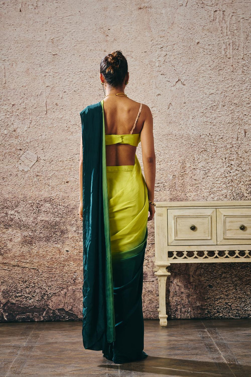 Neon Green Blouse Withndark Green And Neon Green Ombre Saree