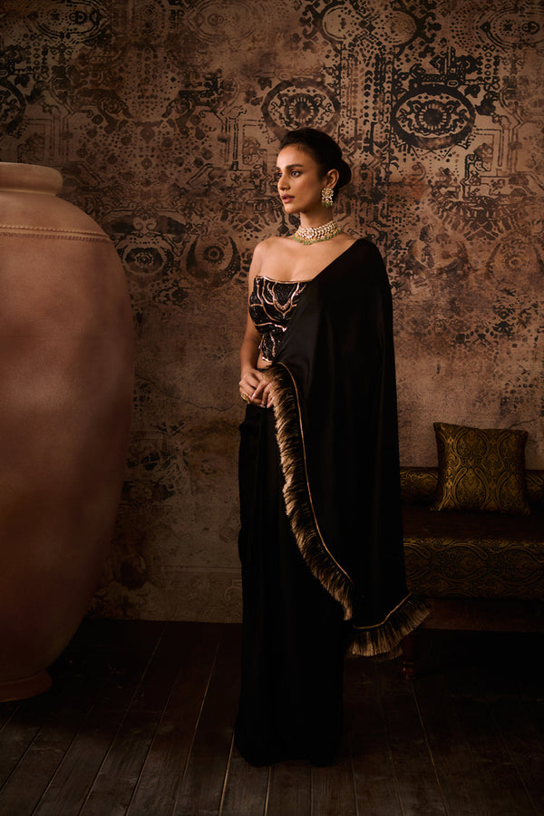 Black Embroidered Corset With Drape Saree