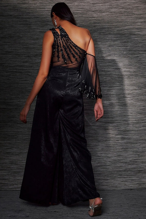 BLACK ONE SHOULDER EMBROIDERED JUMPSUIT