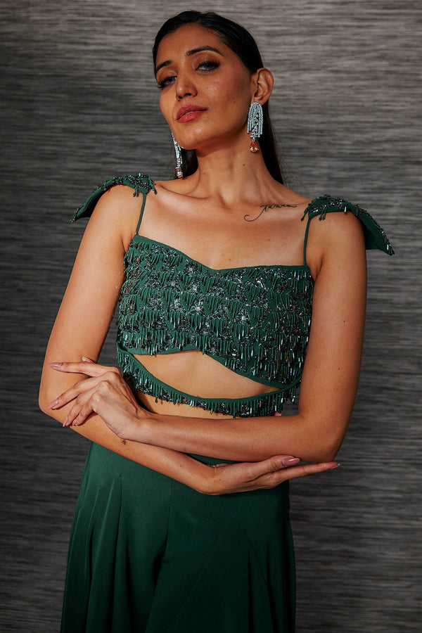 GREEN EMBROIDERED CHOLI AND PANEL PANTS SET