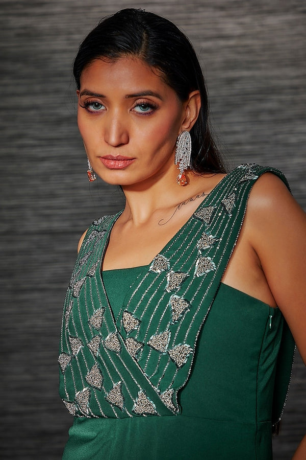 GREEN EMBROIDERED FLAP JUMPSUIT