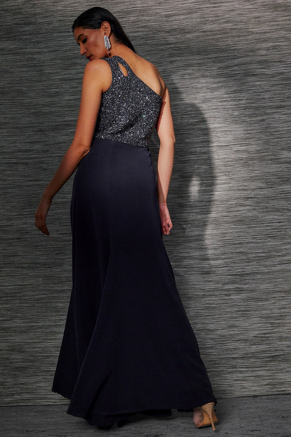 BLUE EMBROIDERED ONE SHOULDER GOWN
