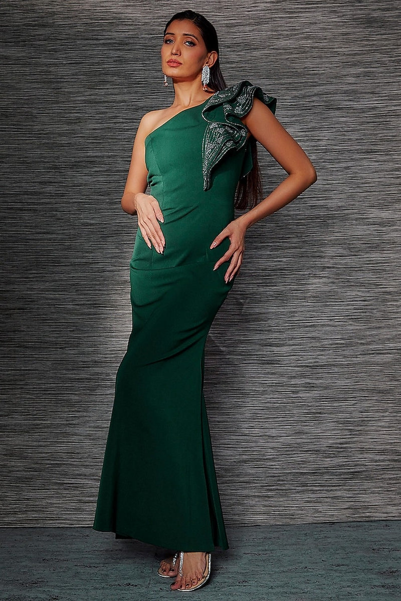 GREEN EMBROIDERED RUFFLE GOWN