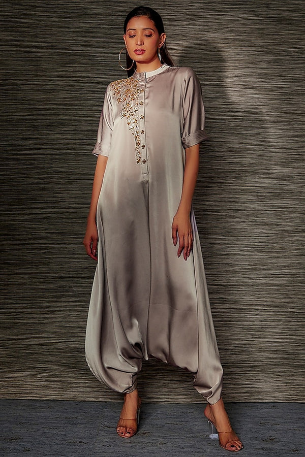 COFFEE DHOTI JUMPSUIT WITH MUKAISH EMBROIDERY