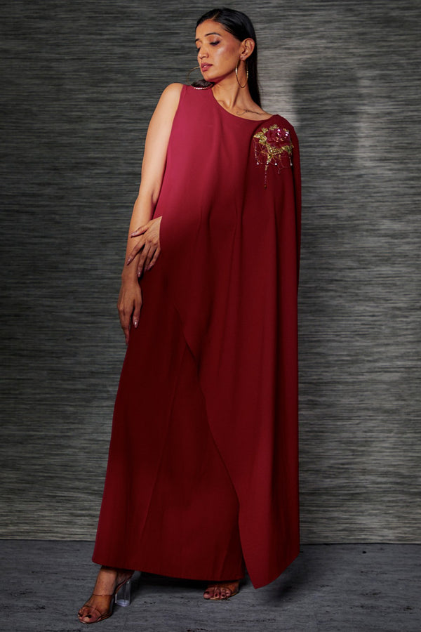 RED CAPE GOWN WITH ROSE EMBROIDERY