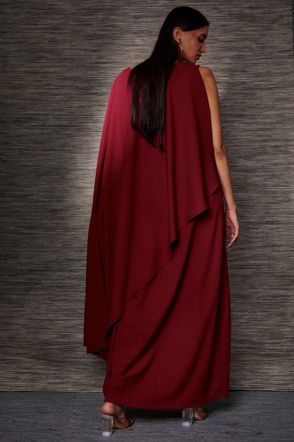 RED CAPE GOWN WITH ROSE EMBROIDERY