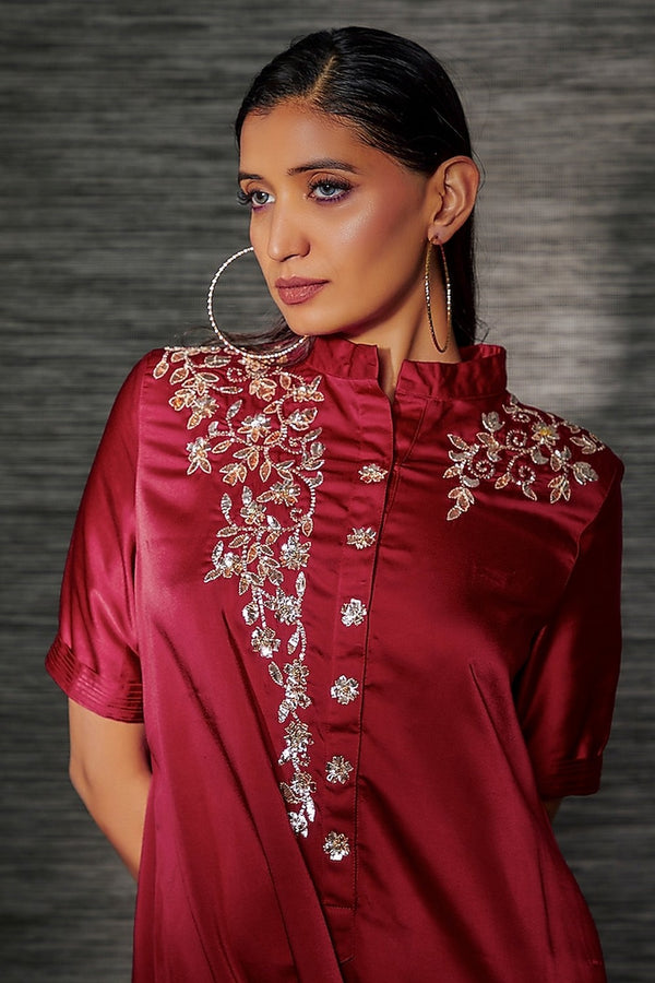 RED DHOTI JUMPSUIT WITH MUKAISH EMBROIDERY