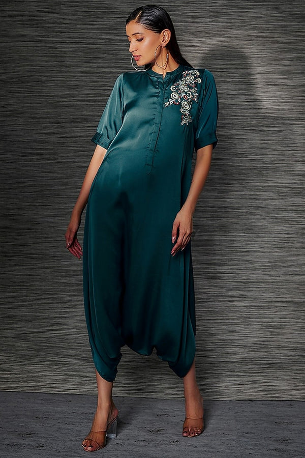 TEAL DHOTI JUMPSUIT WITH FLORAL EMBROIDERY