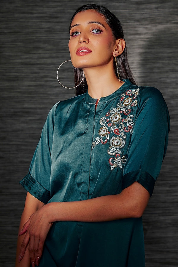 TEAL DHOTI JUMPSUIT WITH FLORAL EMBROIDERY