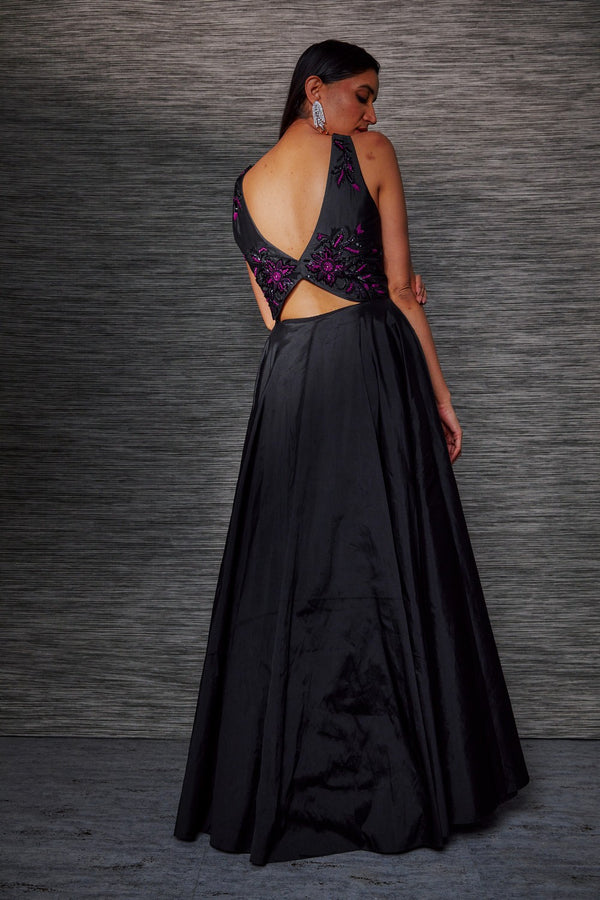 BLACK AND PLUM LAYERED COCKTAIL GOWN WITH EMBROIDERY