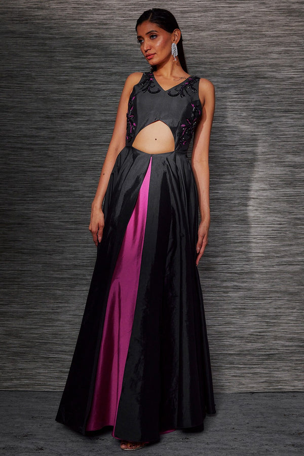 BLACK AND PLUM LAYERED COCKTAIL GOWN WITH EMBROIDERY