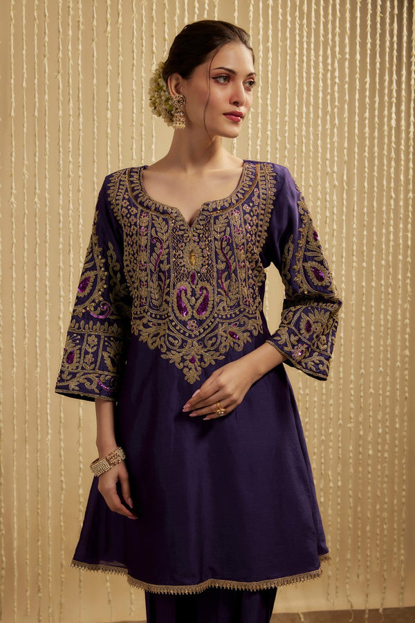 PURPLE SILK CHANDERI SHORT KURTA AND PANTS SET