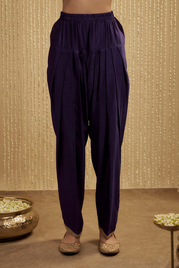 PURPLE SILK CHANDERI SHORT KURTA AND PANTS SET