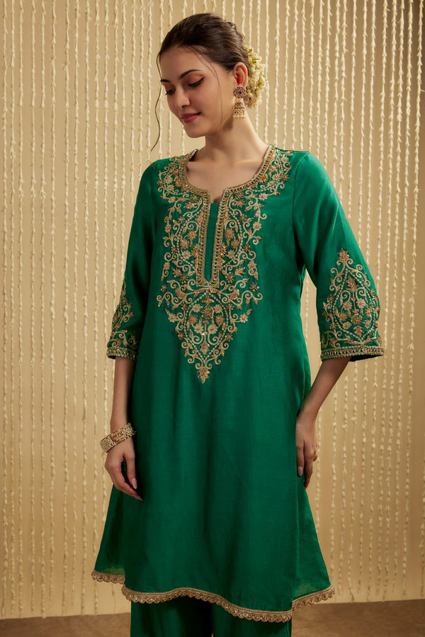PEACOCK GREEN SILK CHANDERI  SHORT KURTA PANTS SET
