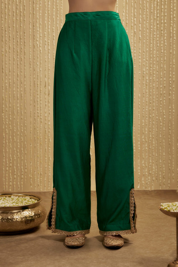 PEACOCK GREEN SILK CHANDERI  SHORT KURTA PANTS SET