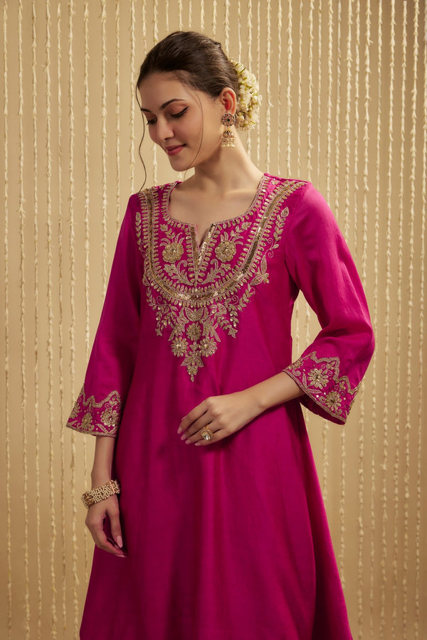 HOT PINK SILK CHANDERI SHORT KURTA PANTS SET