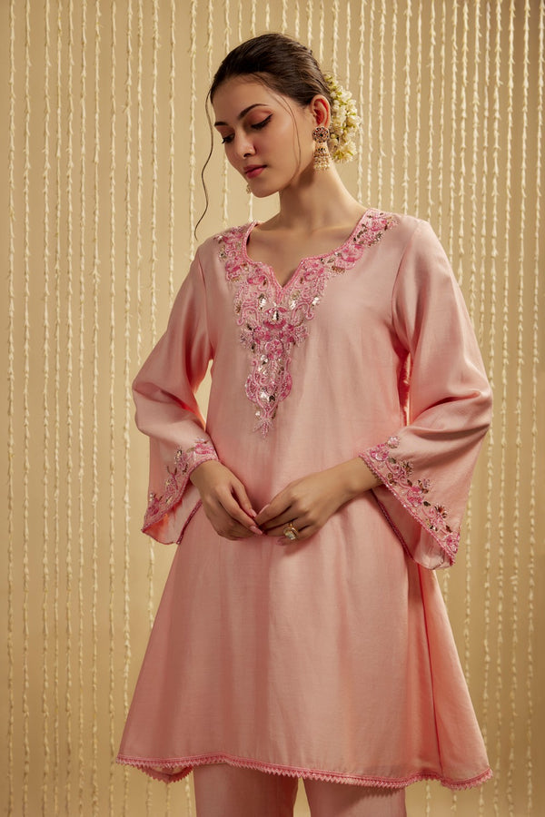 BABY PINK SILK CHANDERI SHORT KURTA PANTS SET