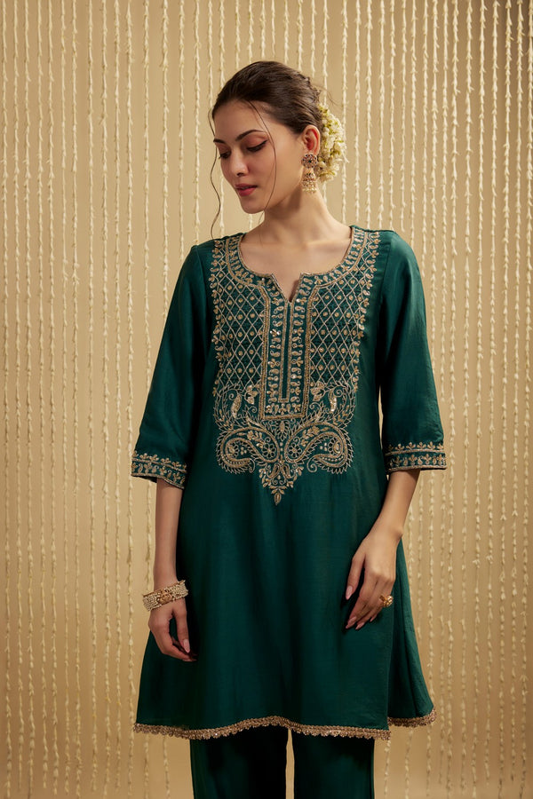 TEAL GREEN SILK CHANDERI SHORT KURTA PANTS SET