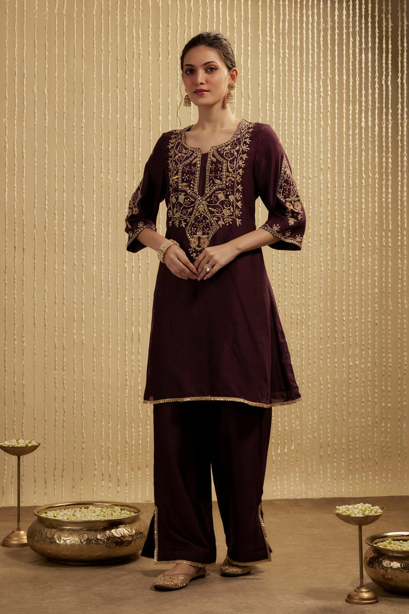 WINE SILK CHANDERI SHORT KURTA PANTS SET