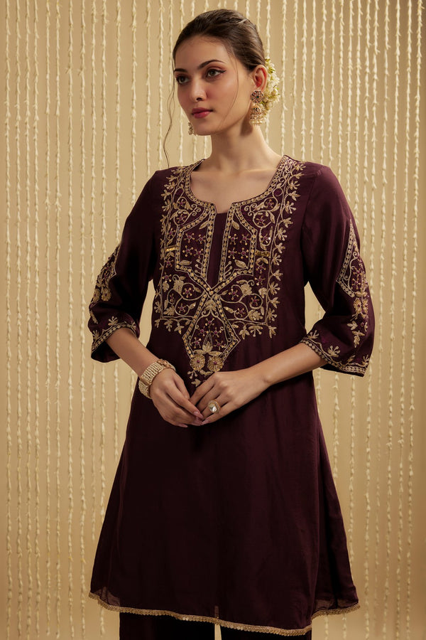 WINE SILK CHANDERI SHORT KURTA PANTS SET