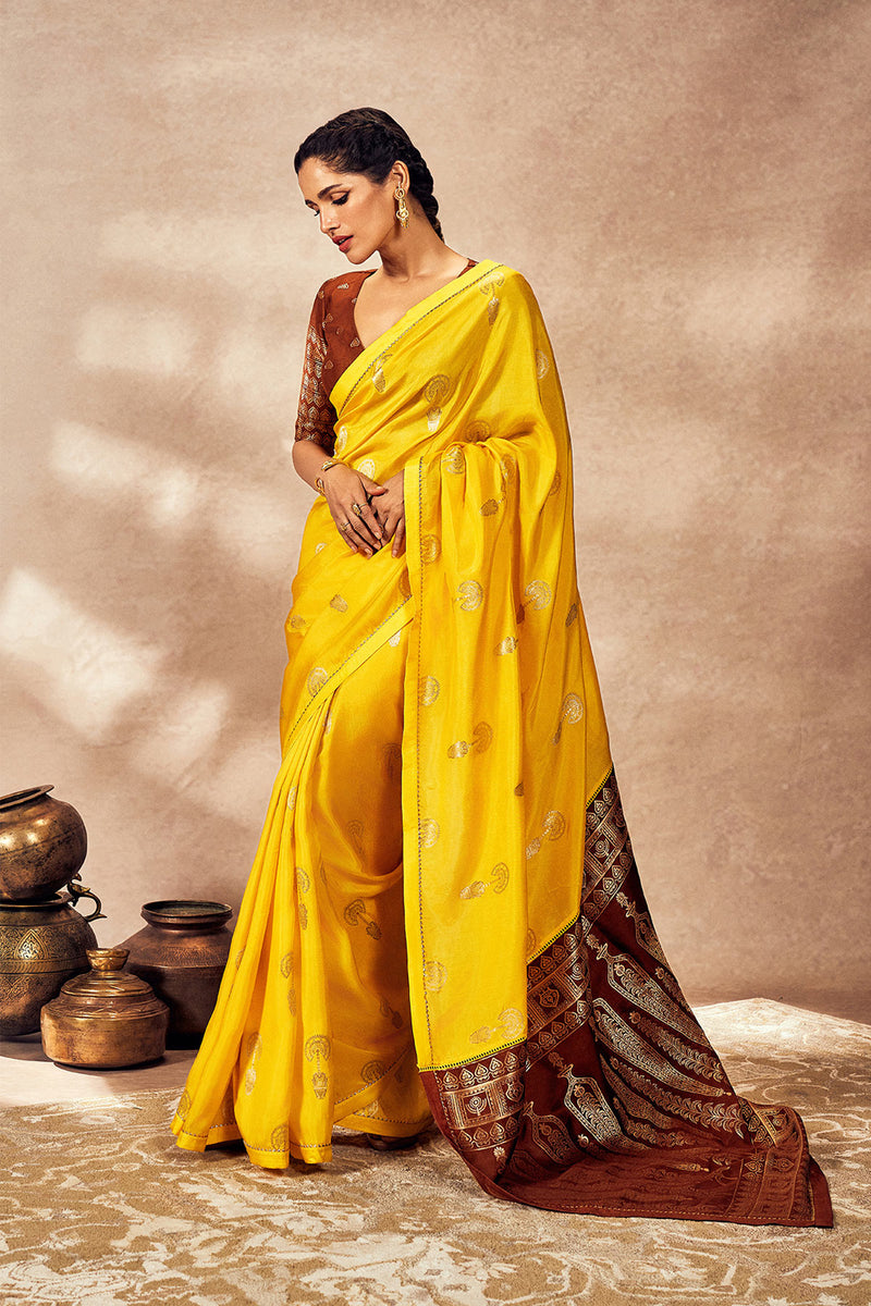 Brown And Yellow Jacquard Saree