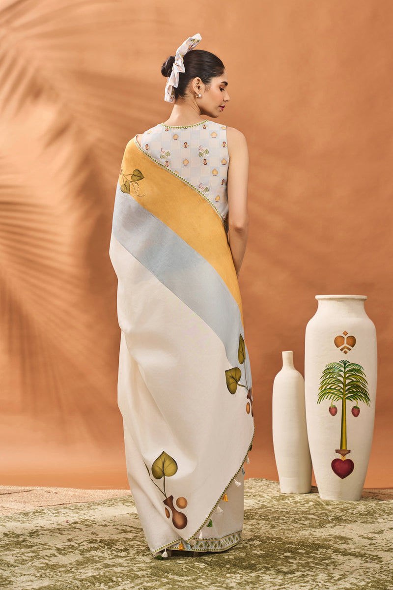 IVORY STRIPE GARDEN GRID SAREE