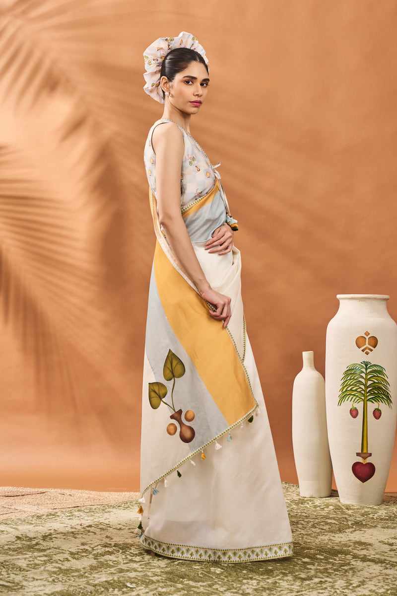 IVORY STRIPE GARDEN GRID SAREE