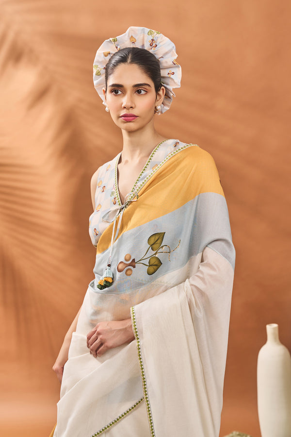 IVORY STRIPE GARDEN GRID SAREE