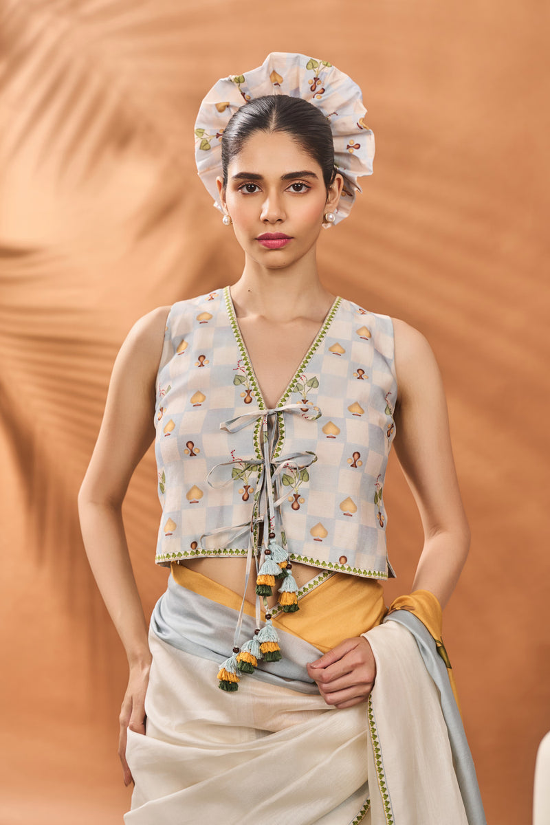 IVORY STRIPE GARDEN GRID SAREE